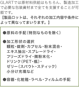 GLARTでは原材料供給はもちろん、製造加工で必要な包装資材まで全てを支援することが可能です。【製品ロットは、それぞれの加工内容や条件によって異なってまいります。】